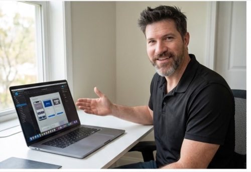 Mikee Shattuck seated at a desk with a laptop, gesturing as he explains how software is built