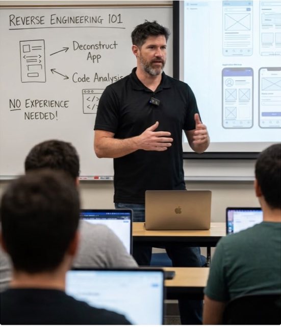 Mikee Shattuck teaching in front of a whiteboard that reads 'Reverse Engineering 101 — deconstruct app, code analysis, no experience needed'